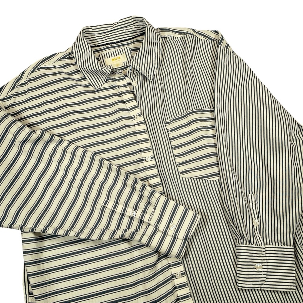 Maeve Anthropologie Mixed Stripe Shirt Women’s Large Navy White Patchwork Style